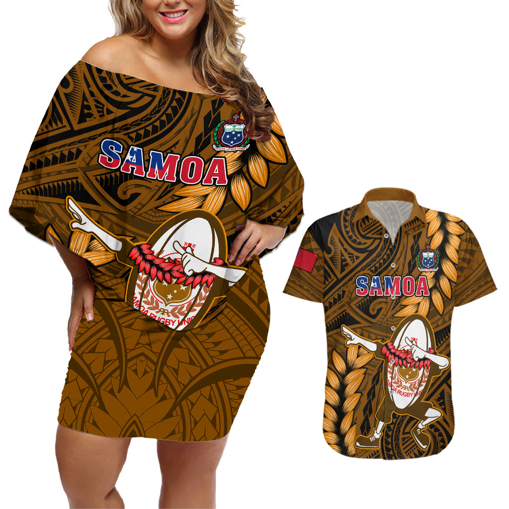 Samoa Rugby Couples Matching Off Shoulder Short Dress and Hawaiian Shirt Manu Samoa Ula Fala Dabbing Ball Polynesian Gold Version LT14 Gold - Polynesian Pride