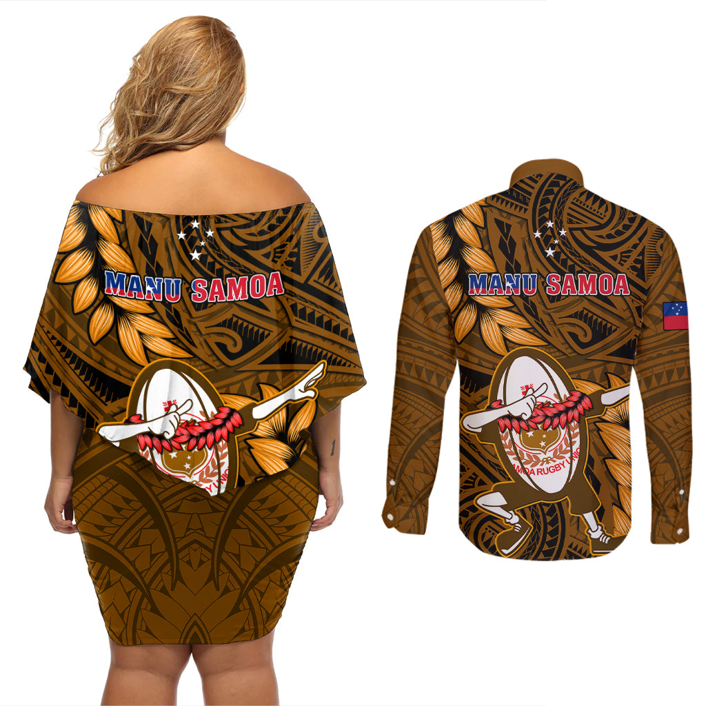 Samoa Rugby Couples Matching Off Shoulder Short Dress and Long Sleeve Button Shirts Manu Samoa Ula Fala Dabbing Ball Polynesian Gold Version LT14 - Polynesian Pride