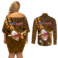Samoa Rugby Couples Matching Off Shoulder Short Dress and Long Sleeve Button Shirts Manu Samoa Ula Fala Dabbing Ball Polynesian Gold Version LT14 - Polynesian Pride
