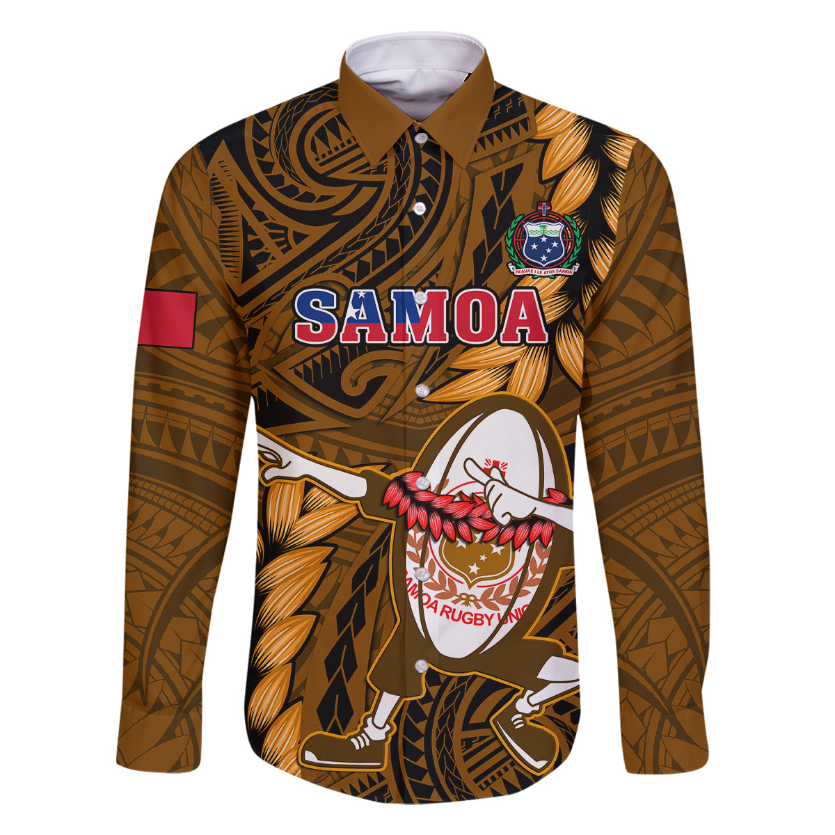 Samoa Rugby Family Matching Off Shoulder Long Sleeve Dress and Hawaiian Shirt Manu Samoa Ula Fala Dabbing Ball Polynesian Gold Version LT14 - Polynesian Pride