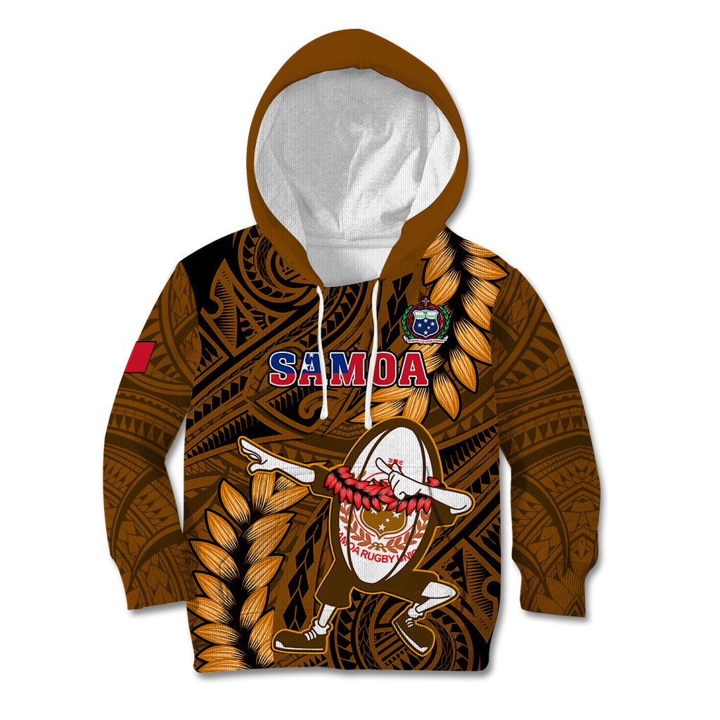 Samoa Rugby Kid Hoodie Manu Samoa Ula Fala Dabbing Ball Polynesian Gold Version LT14 Hoodie Gold - Polynesian Pride