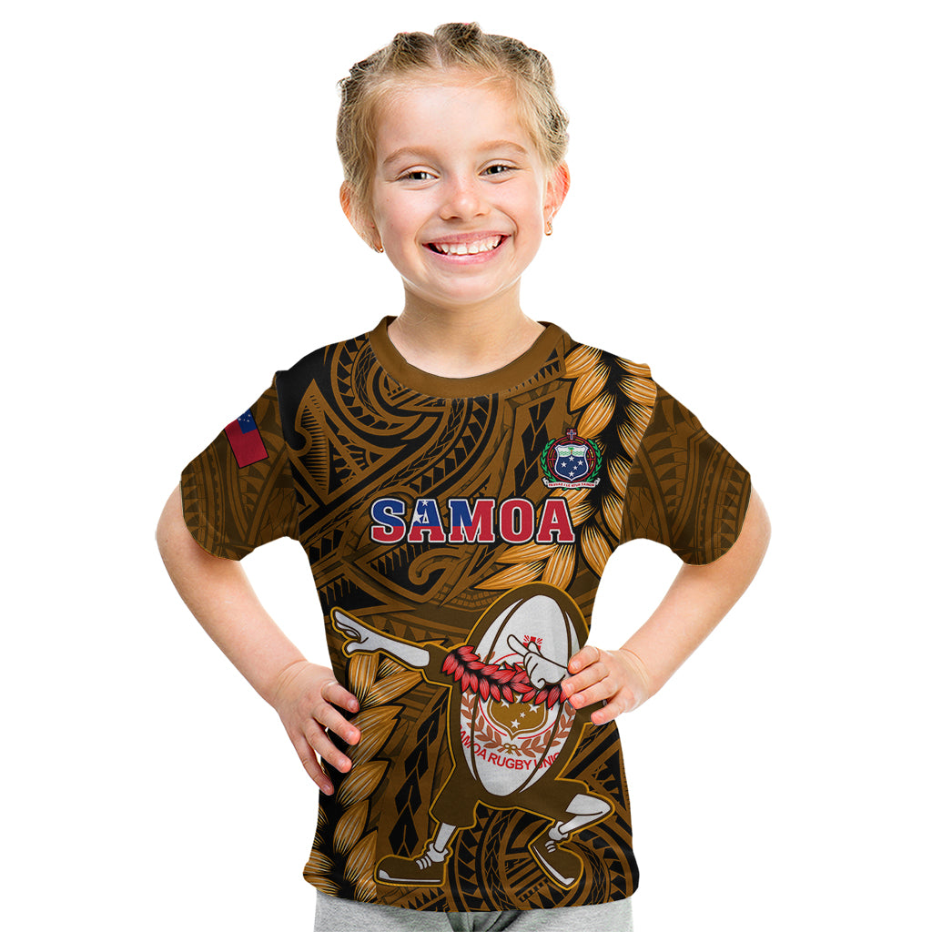 Samoa Rugby Kid T Shirt Manu Samoa Ula Fala Dabbing Ball Polynesian Gold Version LT14 Gold - Polynesian Pride