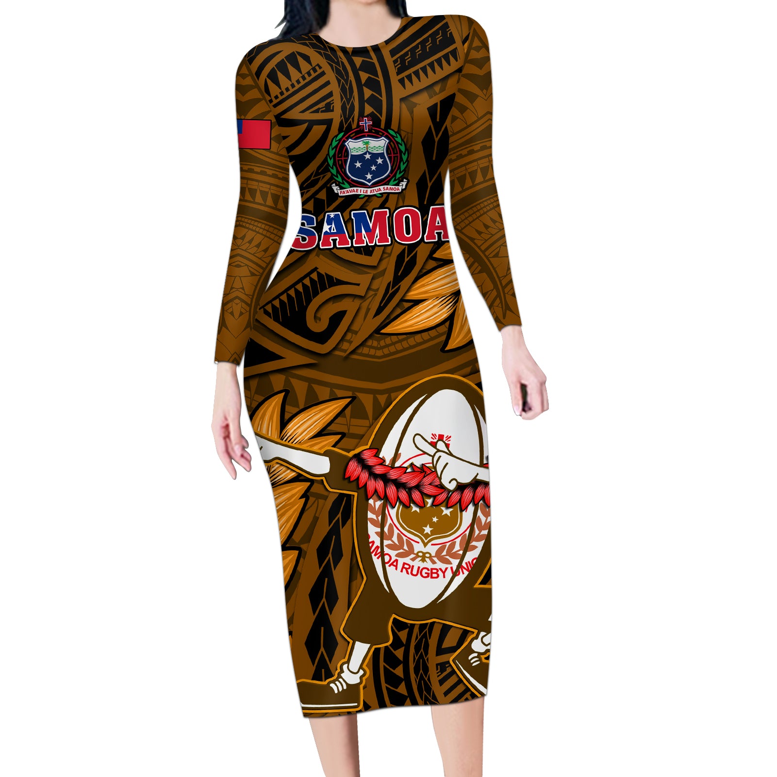 Samoa Rugby Long Sleeve Bodycon Dress Manu Samoa Ula Fala Dabbing Ball Polynesian Gold Version LT14 Long Dress Gold - Polynesian Pride