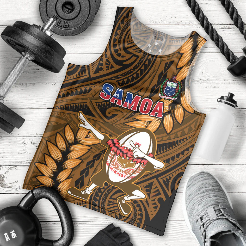 Samoa Rugby Men Tank Top Manu Samoa Ula Fala Dabbing Ball Polynesian Gold Version LT14 Gold - Polynesian Pride