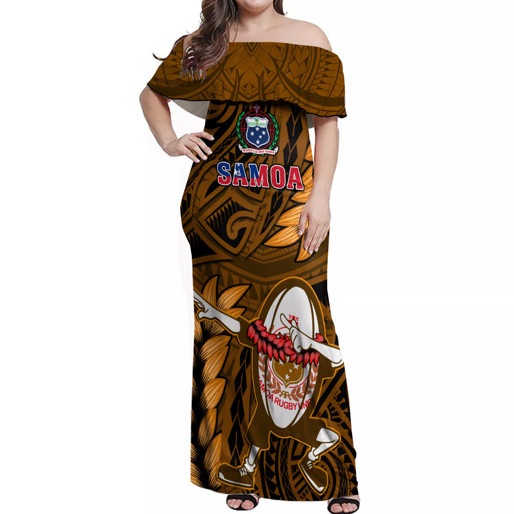 Samoa Rugby Off Shoulder Maxi Dress Manu Samoa Ula Fala Dabbing Ball Polynesian Gold Version LT14 Women Gold - Polynesian Pride