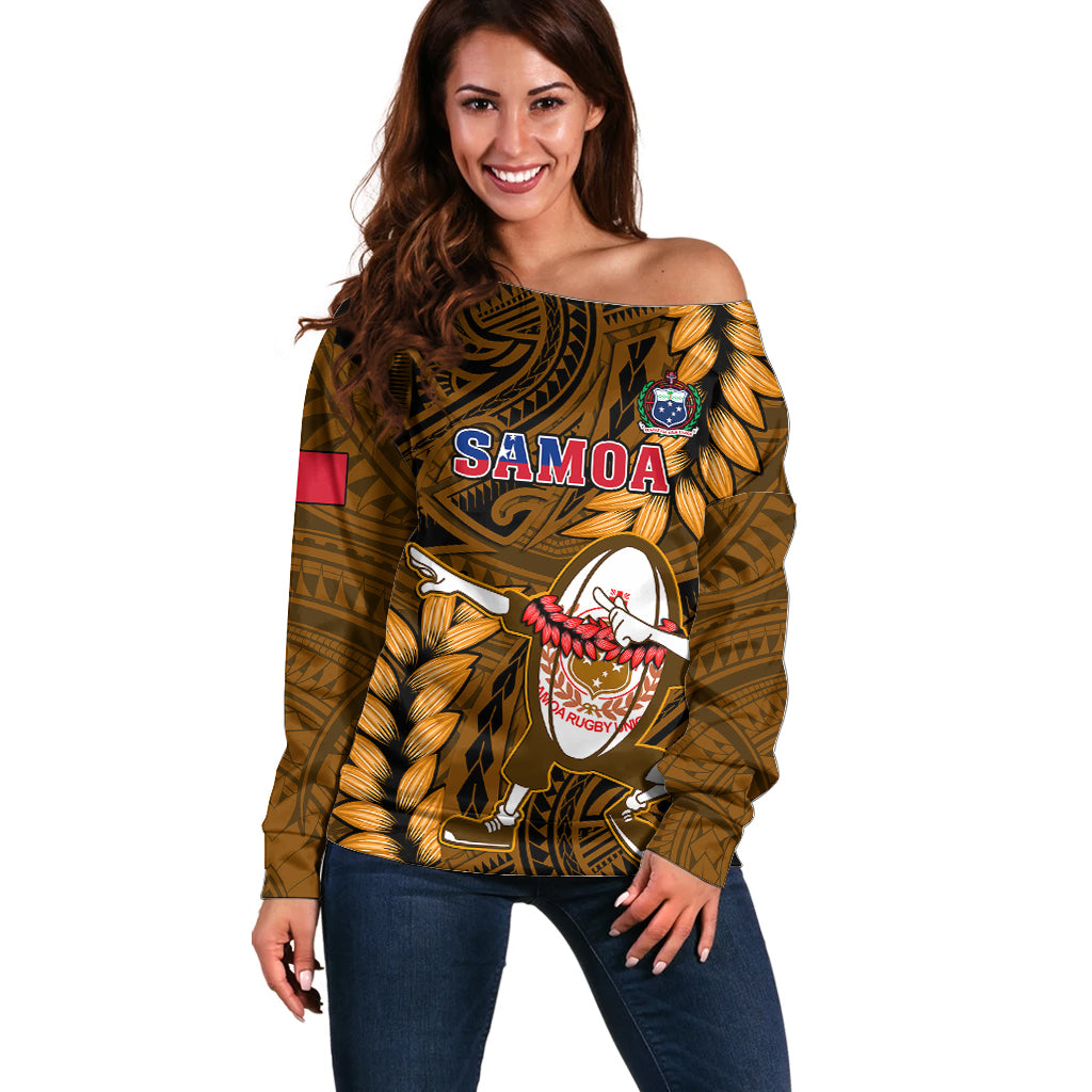 Samoa Rugby Off Shoulder Sweater Manu Samoa Ula Fala Dabbing Ball Polynesian Gold Version LT14 Women Gold - Polynesian Pride
