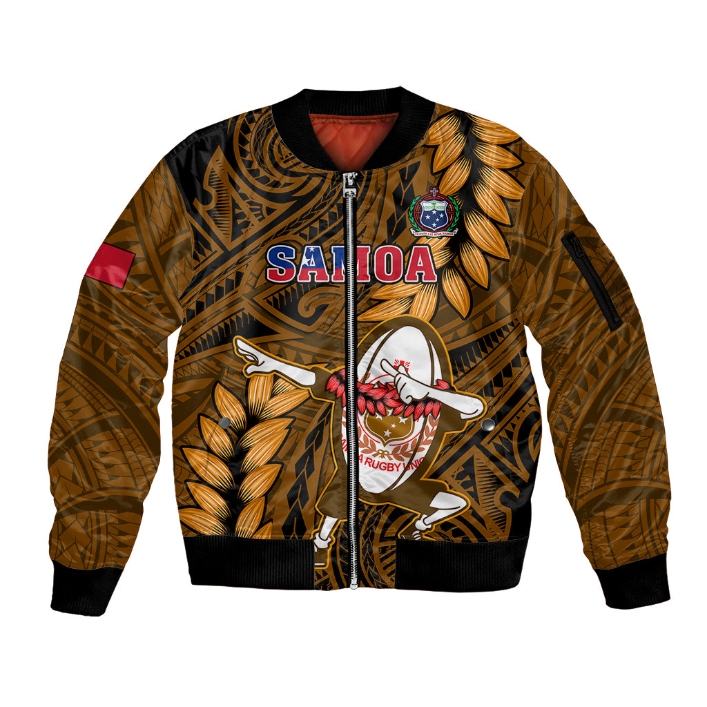 Samoa Rugby Sleeve Zip Bomber Jacket Manu Samoa Ula Fala Dabbing Ball Polynesian Gold Version LT14 Unisex Gold - Polynesian Pride