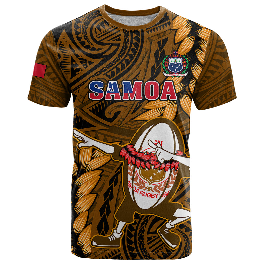 Samoa Rugby T Shirt Manu Samoa Ula Fala Dabbing Ball Polynesian Gold Version LT14 Gold - Polynesian Pride