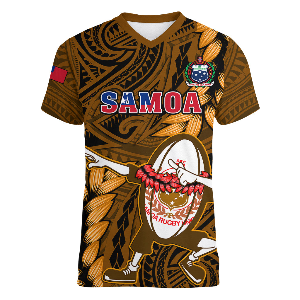 Samoa Rugby Women V Neck T Shirt Manu Samoa Ula Fala Dabbing Ball Polynesian Gold Version LT14 Female Gold - Polynesian Pride