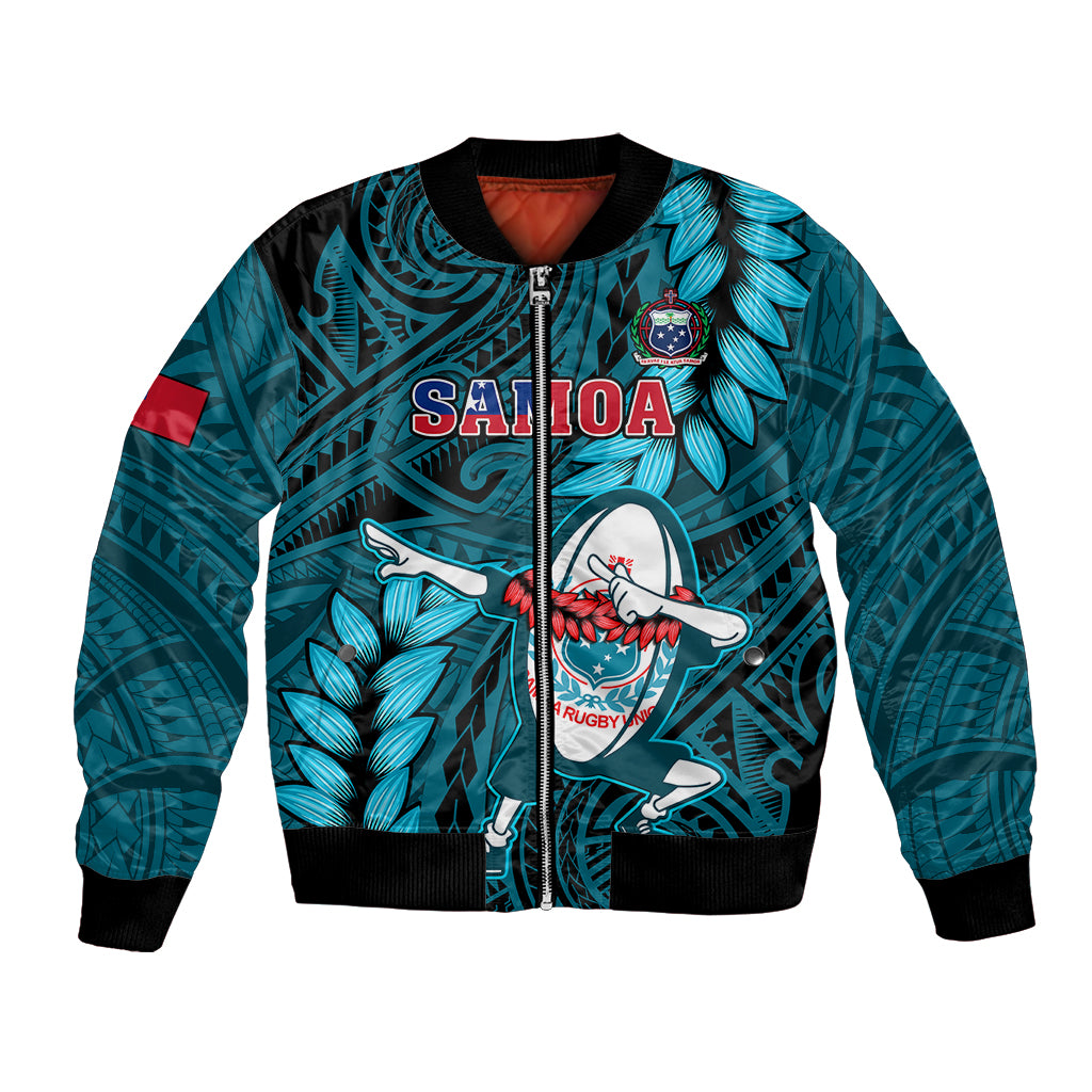 Samoa Rugby Bomber Jacket Manu Samoa Ula Fala Dabbing Ball Polynesian Turquoise Version LT14 Unisex Turquoise - Polynesian Pride