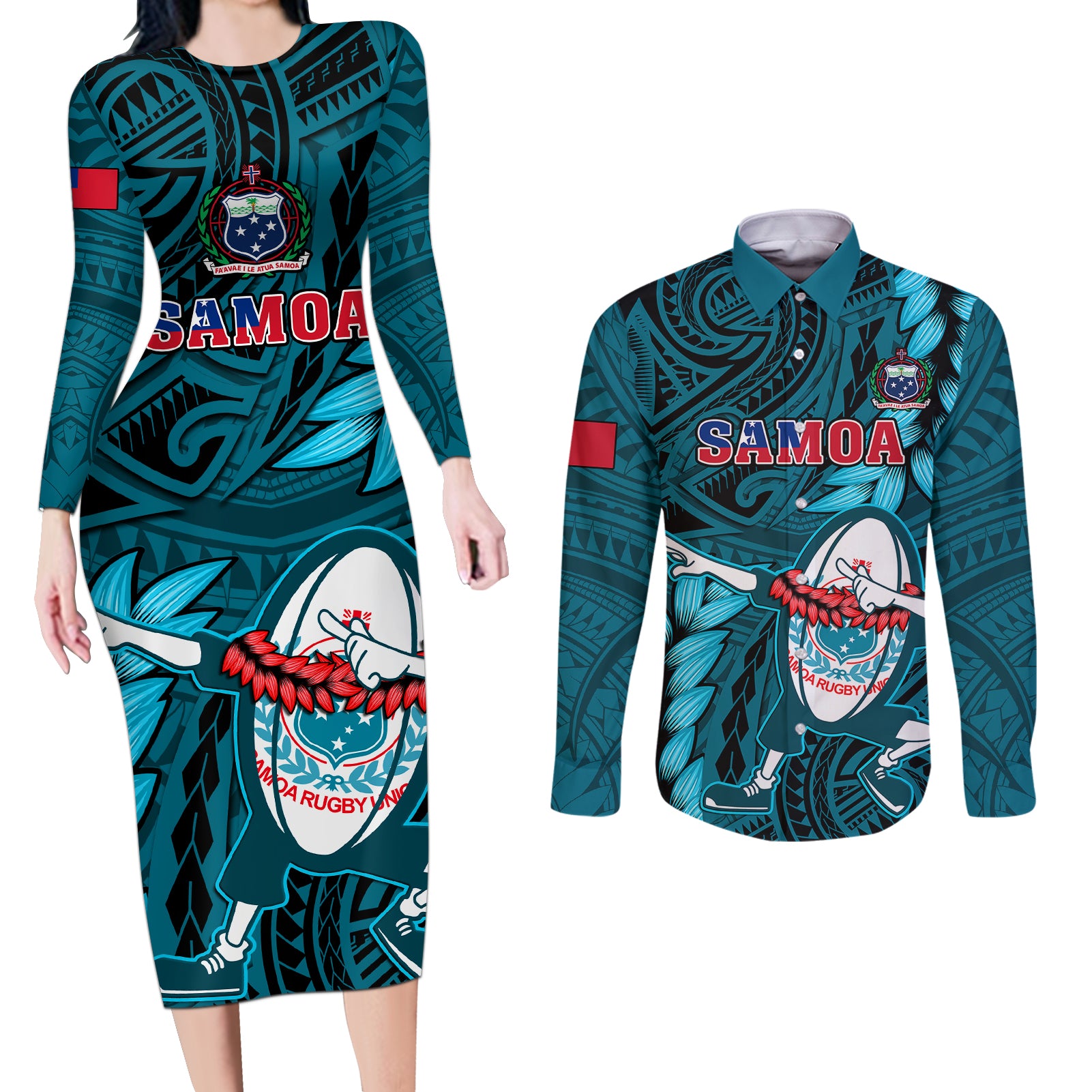 Samoa Rugby Couples Matching Long Sleeve Bodycon Dress and Long Sleeve Button Shirts Manu Samoa Ula Fala Dabbing Ball Polynesian Turquoise Version LT14 Turquoise - Polynesian Pride