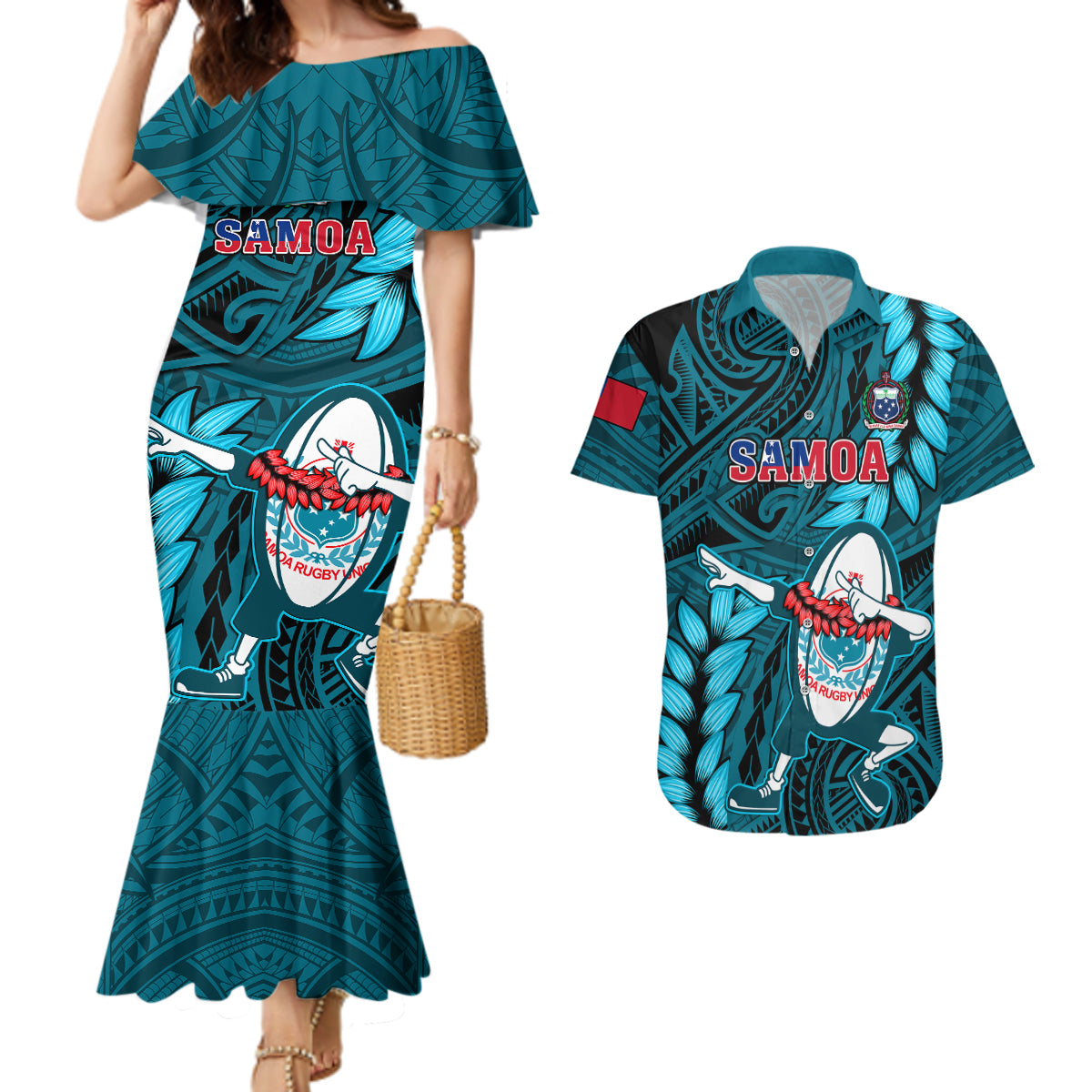 Samoa Rugby Couples Matching Mermaid Dress and Hawaiian Shirt Manu Samoa Ula Fala Dabbing Ball Polynesian Turquoise Version LT14 Turquoise - Polynesian Pride