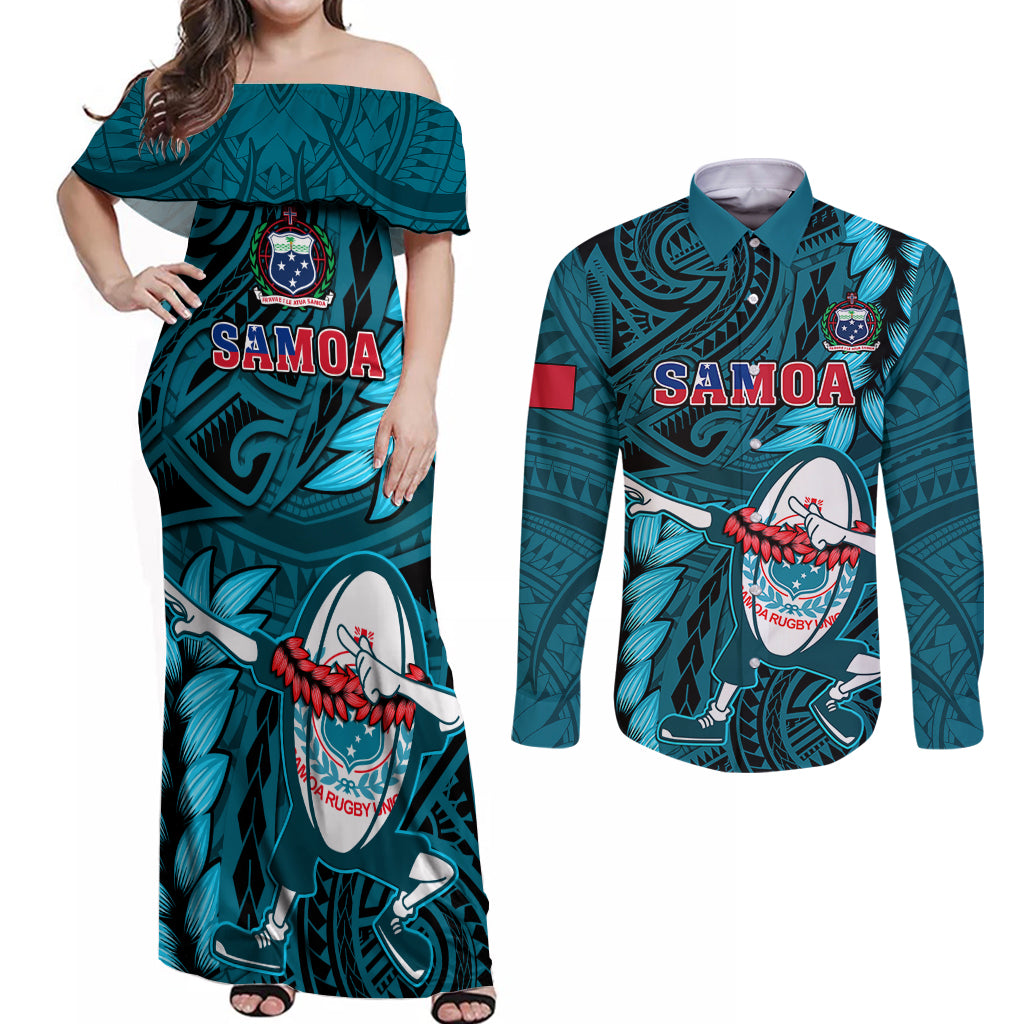 Samoa Rugby Couples Matching Off Shoulder Maxi Dress and Long Sleeve Button Shirts Manu Samoa Ula Fala Dabbing Ball Polynesian Turquoise Version LT14 Turquoise - Polynesian Pride