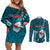 Samoa Rugby Couples Matching Off Shoulder Short Dress and Long Sleeve Button Shirts Manu Samoa Ula Fala Dabbing Ball Polynesian Turquoise Version LT14 Turquoise - Polynesian Pride