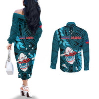 Samoa Rugby Couples Matching Off The Shoulder Long Sleeve Dress and Long Sleeve Button Shirts Manu Samoa Ula Fala Dabbing Ball Polynesian Turquoise Version LT14 - Polynesian Pride