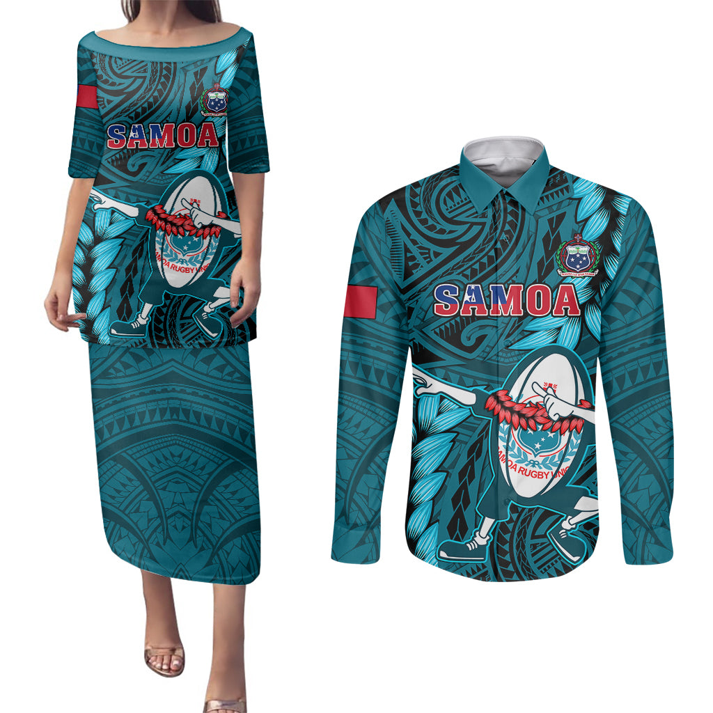 Samoa Rugby Couples Matching Puletasi Dress and Long Sleeve Button Shirts Manu Samoa Ula Fala Dabbing Ball Polynesian Turquoise Version LT14 Turquoise - Polynesian Pride