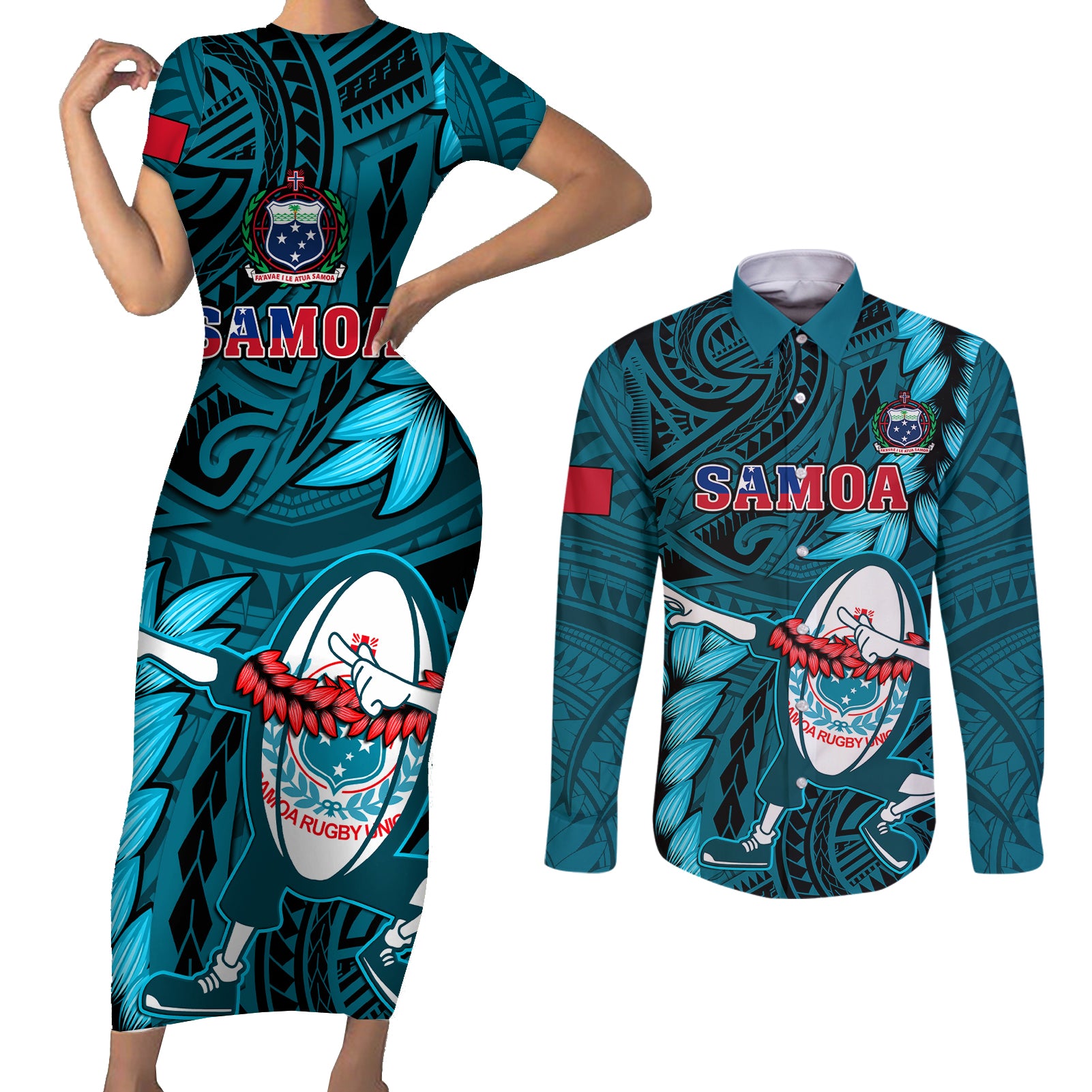 Samoa Rugby Couples Matching Short Sleeve Bodycon Dress and Long Sleeve Button Shirts Manu Samoa Ula Fala Dabbing Ball Polynesian Turquoise Version LT14 Turquoise - Polynesian Pride