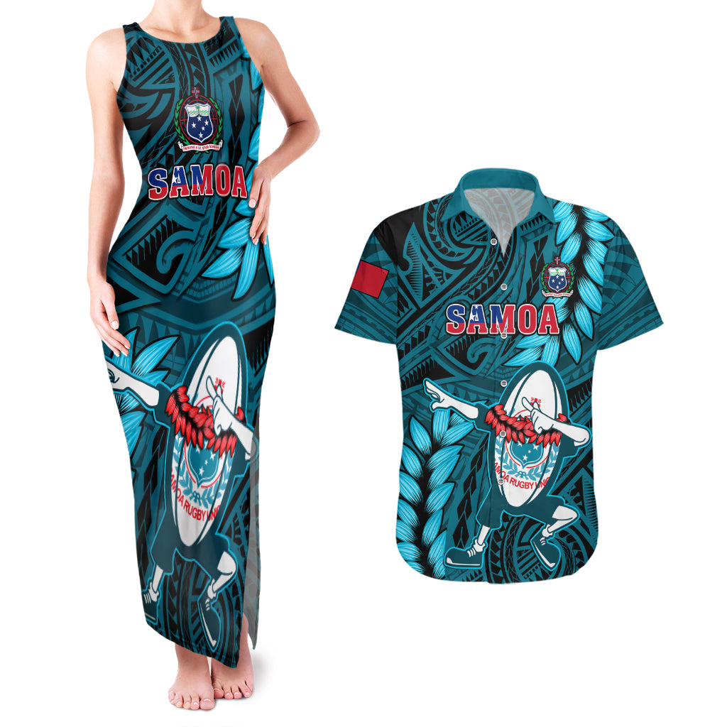 Samoa Rugby Couples Matching Tank Maxi Dress and Hawaiian Shirt Manu Samoa Ula Fala Dabbing Ball Polynesian Turquoise Version LT14 Turquoise - Polynesian Pride