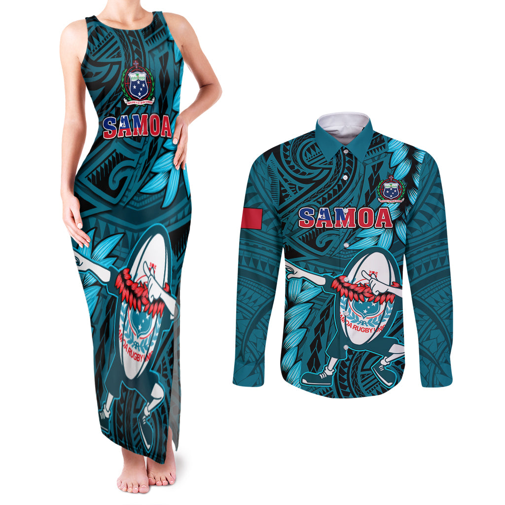 Samoa Rugby Couples Matching Tank Maxi Dress and Long Sleeve Button Shirts Manu Samoa Ula Fala Dabbing Ball Polynesian Turquoise Version LT14 Turquoise - Polynesian Pride