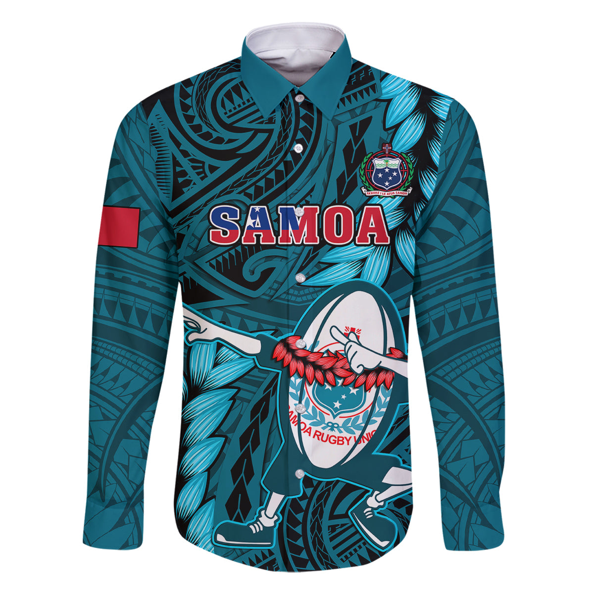 Samoa Rugby Family Matching Short Sleeve Bodycon Dress and Hawaiian Shirt Manu Samoa Ula Fala Dabbing Ball Polynesian Turquoise Version LT14 - Polynesian Pride