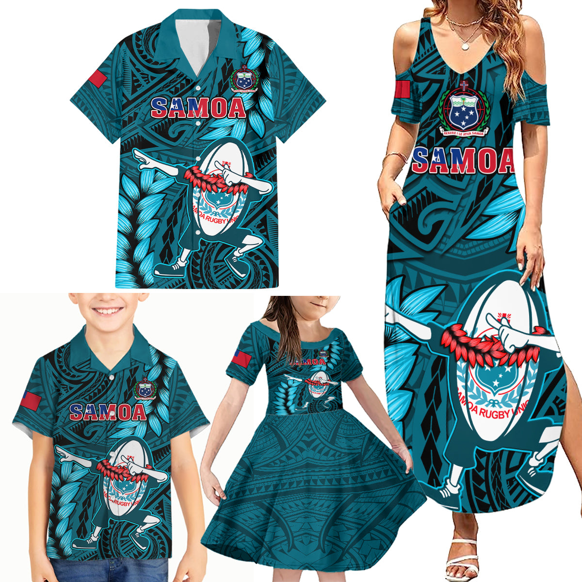 Samoa Rugby Family Matching Summer Maxi Dress and Hawaiian Shirt Manu Samoa Ula Fala Dabbing Ball Polynesian Turquoise Version LT14 Turquoise - Polynesian Pride