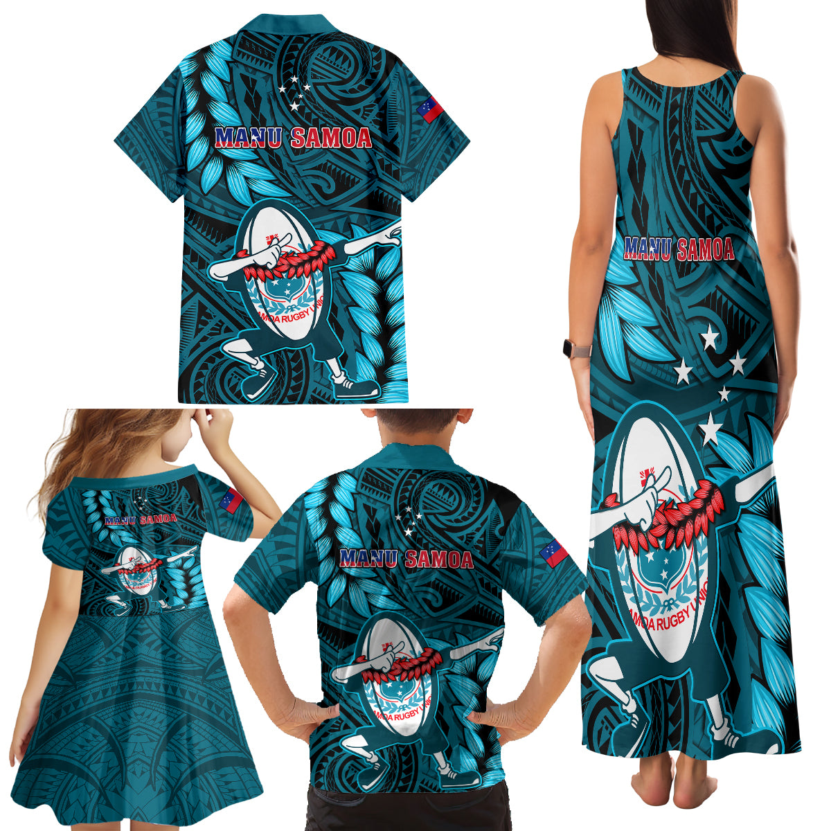 Samoa Rugby Family Matching Tank Maxi Dress and Hawaiian Shirt Manu Samoa Ula Fala Dabbing Ball Polynesian Turquoise Version LT14 - Polynesian Pride