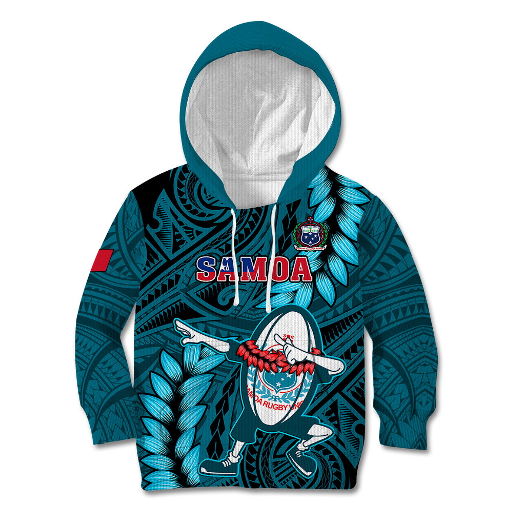 Samoa Rugby Kid Hoodie Manu Samoa Ula Fala Dabbing Ball Polynesian Turquoise Version LT14 Hoodie Turquoise - Polynesian Pride