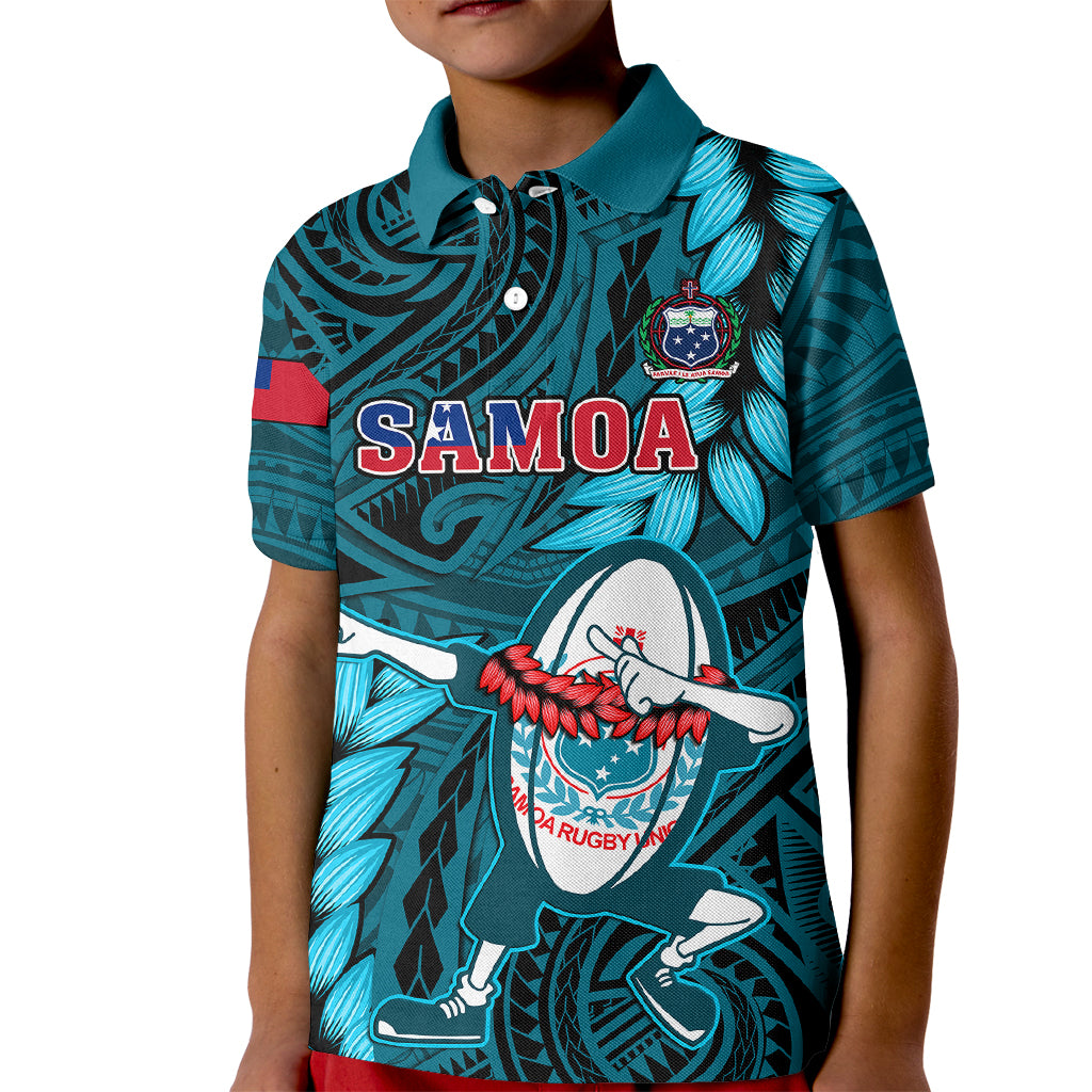 Samoa Rugby Kid Polo Shirt Manu Samoa Ula Fala Dabbing Ball Polynesian Turquoise Version LT14 Kid Turquoise - Polynesian Pride