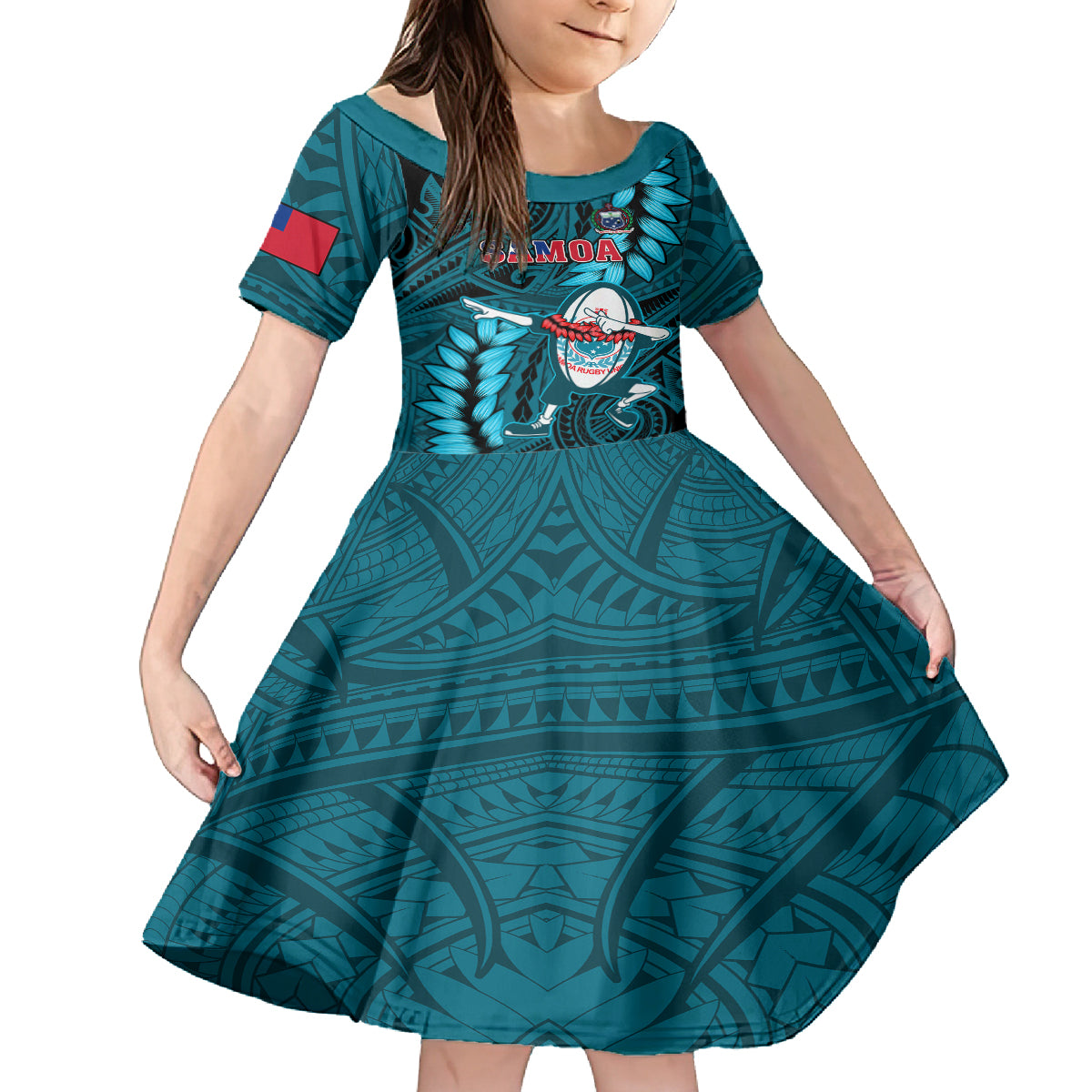 Samoa Rugby Kid Short Sleeve Dress Manu Samoa Ula Fala Dabbing Ball Polynesian Turquoise Version LT14 KID Turquoise - Polynesian Pride