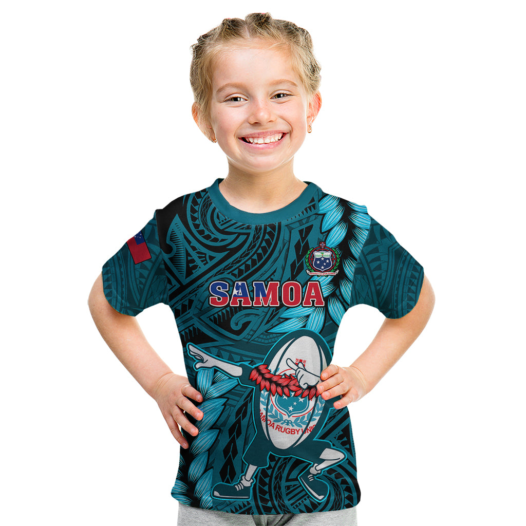 Samoa Rugby Kid T Shirt Manu Samoa Ula Fala Dabbing Ball Polynesian Turquoise Version LT14 Turquoise - Polynesian Pride