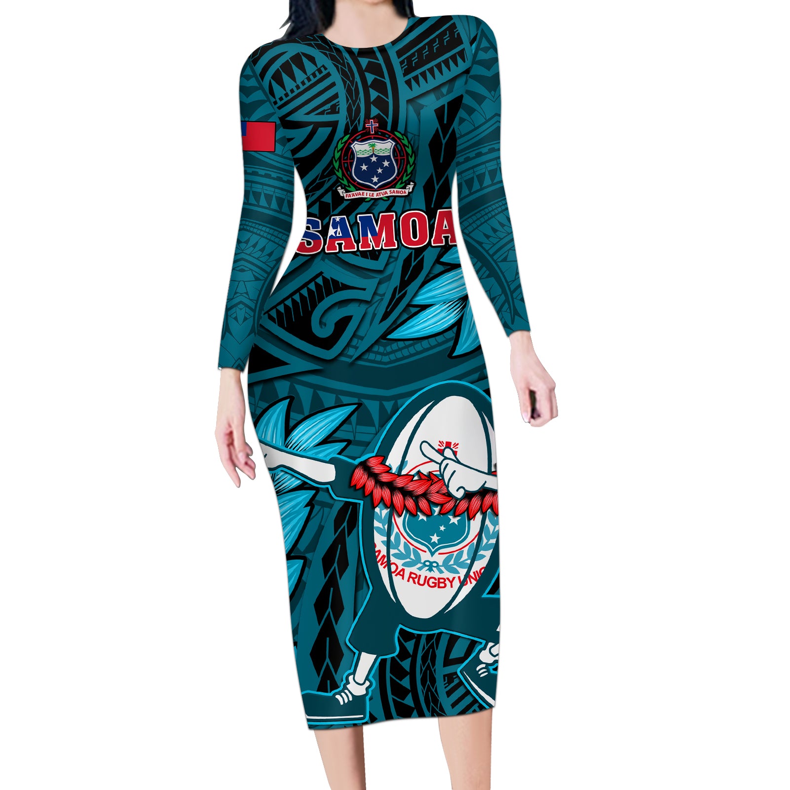 Samoa Rugby Long Sleeve Bodycon Dress Manu Samoa Ula Fala Dabbing Ball Polynesian Turquoise Version LT14 Long Dress Turquoise - Polynesian Pride