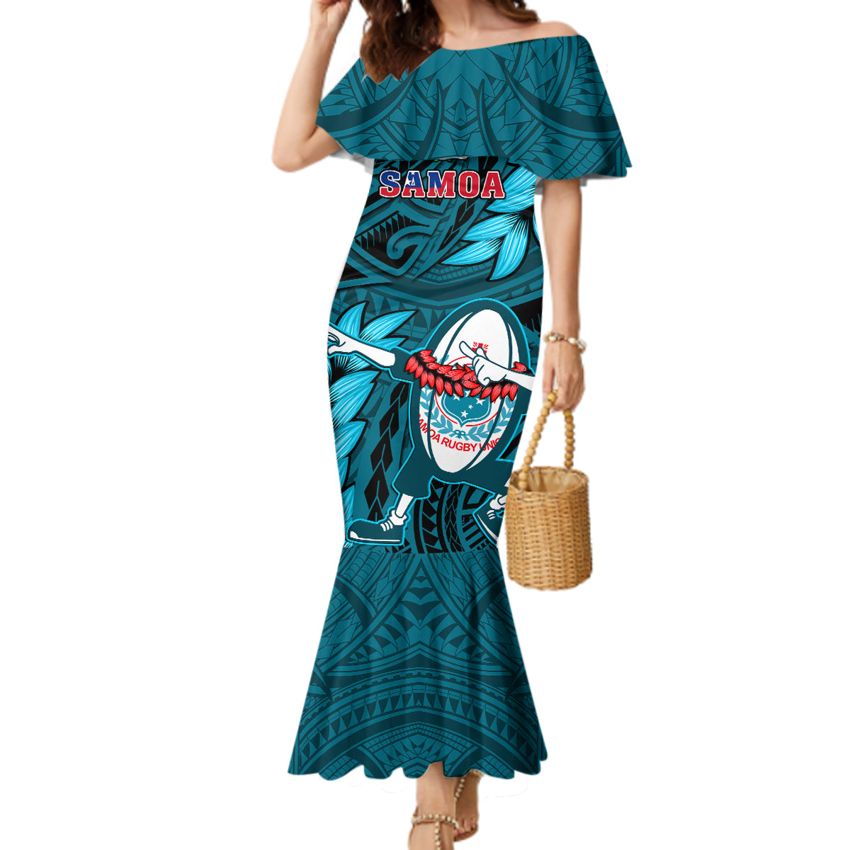 Samoa Rugby Mermaid Dress Manu Samoa Ula Fala Dabbing Ball Polynesian Turquoise Version LT14 Women Turquoise - Polynesian Pride