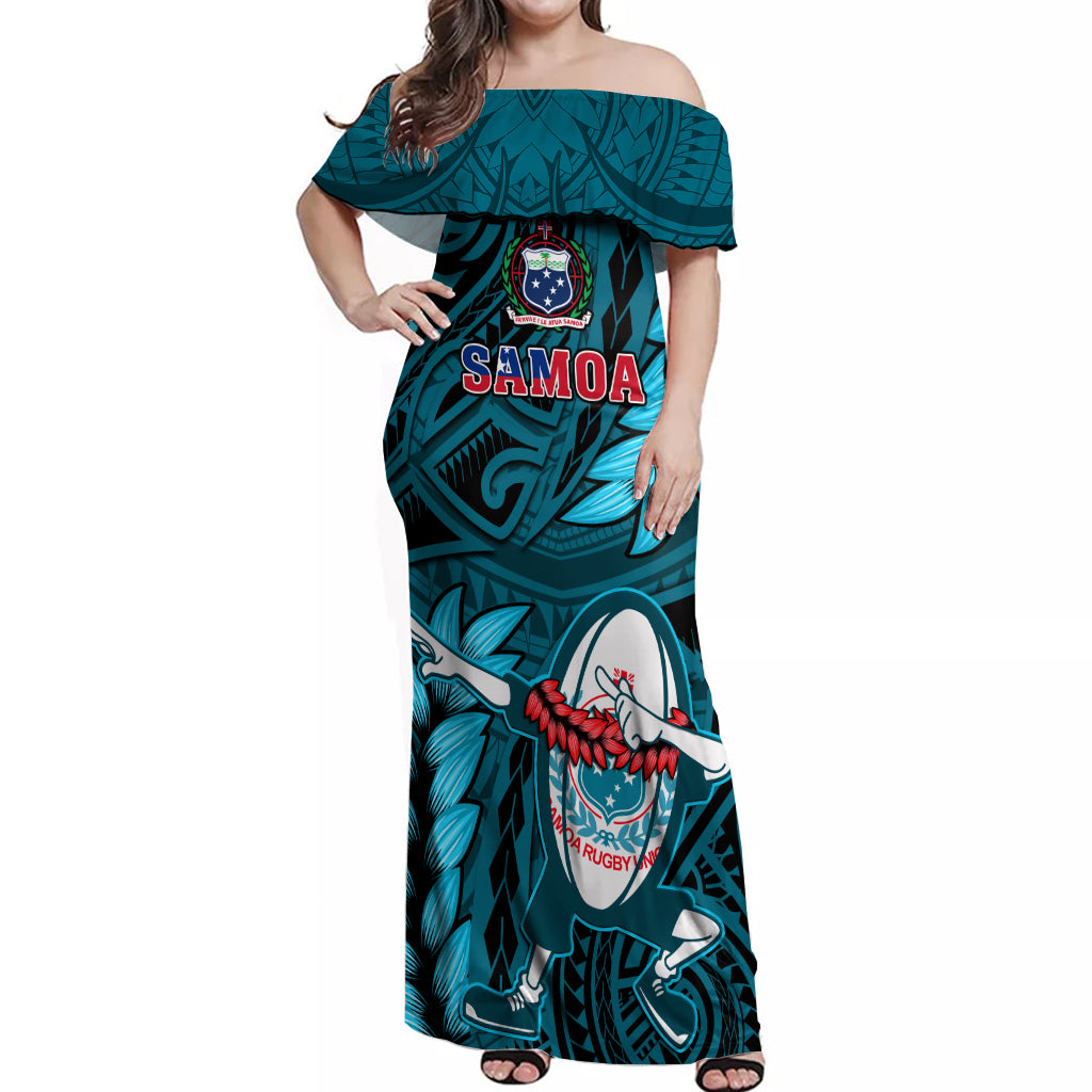 Samoa Rugby Off Shoulder Maxi Dress Manu Samoa Ula Fala Dabbing Ball Polynesian Turquoise Version LT14 Women Turquoise - Polynesian Pride