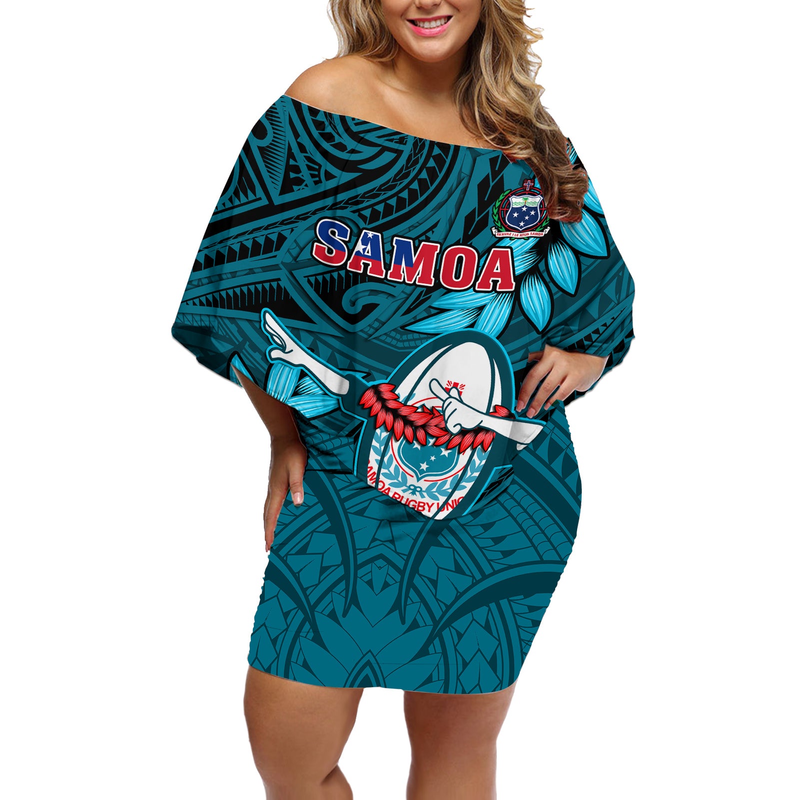 Samoa Rugby Off Shoulder Short Dress Manu Samoa Ula Fala Dabbing Ball Polynesian Turquoise Version LT14 Women Turquoise - Polynesian Pride