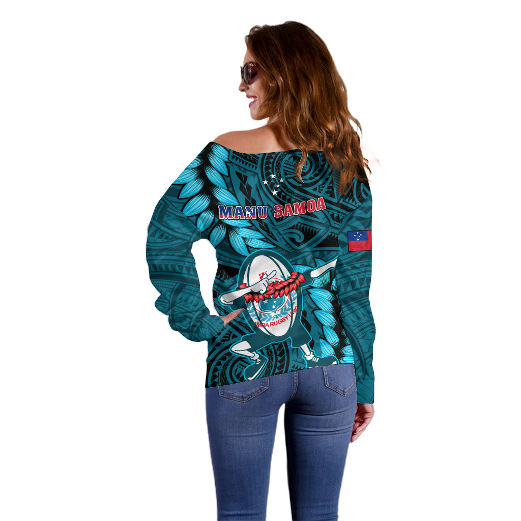 Samoa Rugby Off Shoulder Sweater Manu Samoa Ula Fala Dabbing Ball Polynesian Turquoise Version LT14 - Polynesian Pride