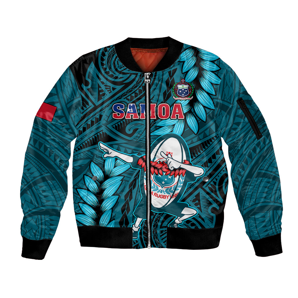 Samoa Rugby Sleeve Zip Bomber Jacket Manu Samoa Ula Fala Dabbing Ball Polynesian Turquoise Version LT14 Unisex Turquoise - Polynesian Pride