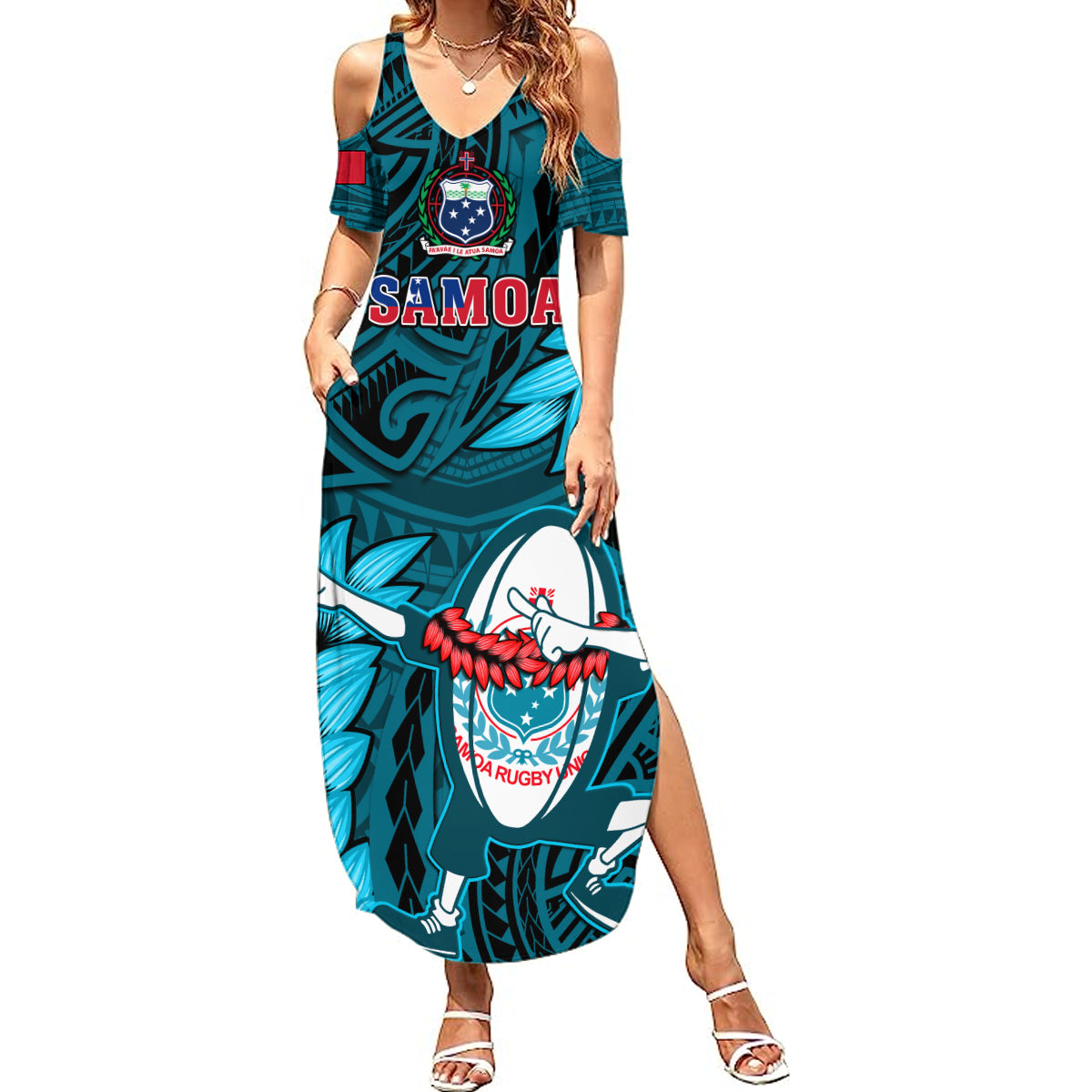 Samoa Rugby Summer Maxi Dress Manu Samoa Ula Fala Dabbing Ball Polynesian Turquoise Version LT14 Women Turquoise - Polynesian Pride