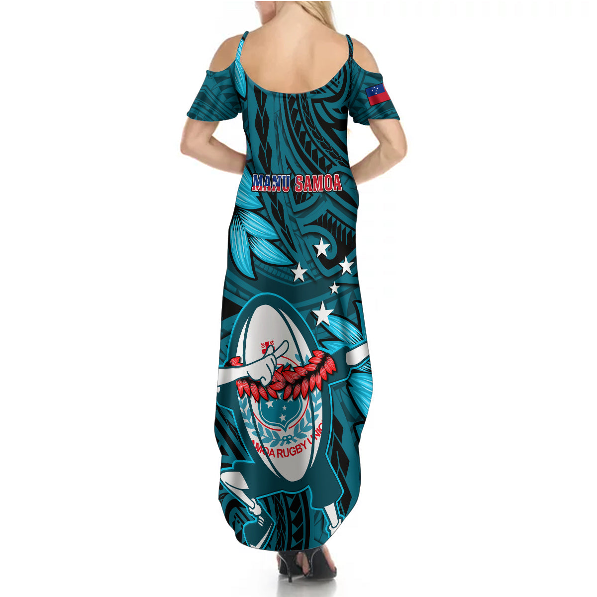 Samoa Rugby Summer Maxi Dress Manu Samoa Ula Fala Dabbing Ball Polynesian Turquoise Version LT14 - Polynesian Pride