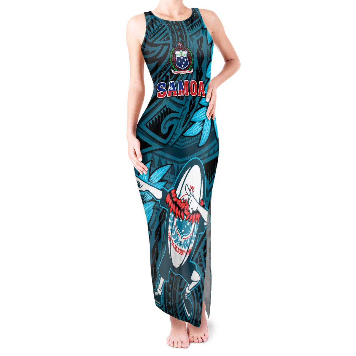 Samoa Rugby Tank Maxi Dress Manu Samoa Ula Fala Dabbing Ball Polynesian Turquoise Version LT14 Women Turquoise - Polynesian Pride