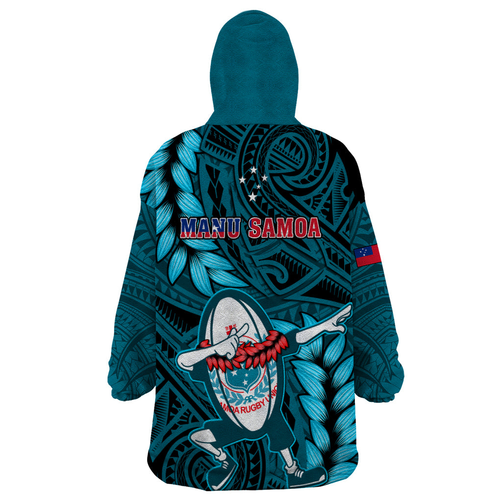 Samoa Rugby Wearable Blanket Hoodie Manu Samoa Ula Fala Dabbing Ball Polynesian Turquoise Version LT14 - Polynesian Pride