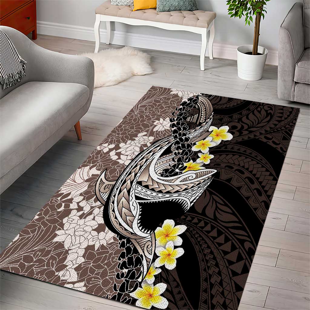 Brown and Black Hawaii Shark Tattoo Area Rug Puakenikeni Lei Plumeria Polynesian Pattern - Polynesian Pride