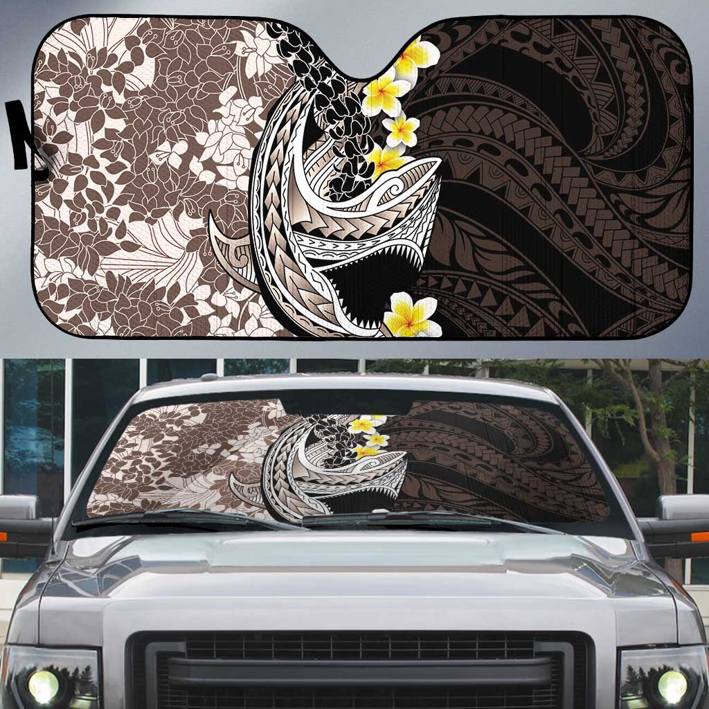 Brown and Black Hawaii Shark Tattoo Auto Sun Shade Puakenikeni Lei Plumeria Polynesian Pattern - Polynesian Pride
