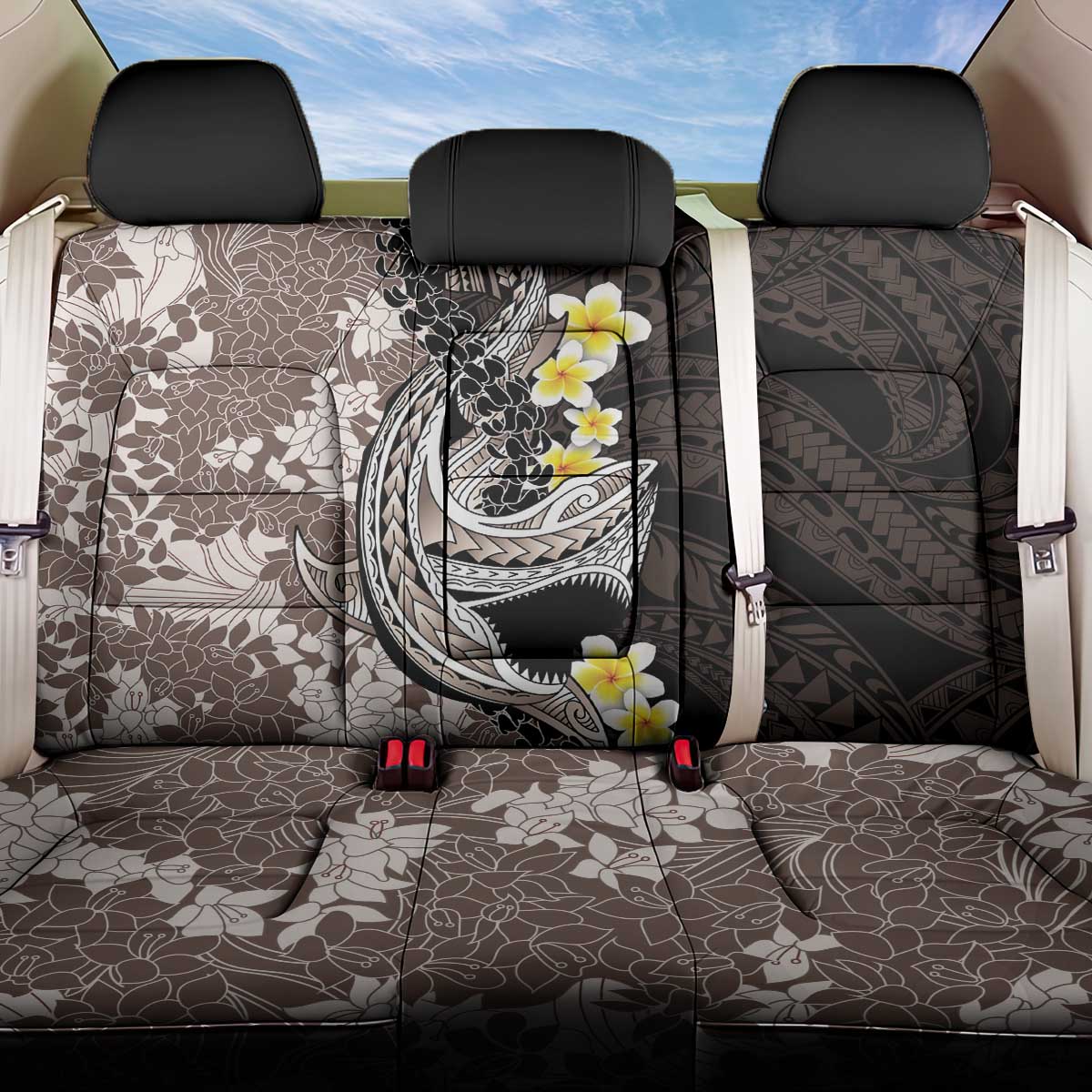 Brown and Black Hawaii Shark Tattoo Back Car Seat Cover Puakenikeni Lei Plumeria Polynesian Pattern - Polynesian Pride