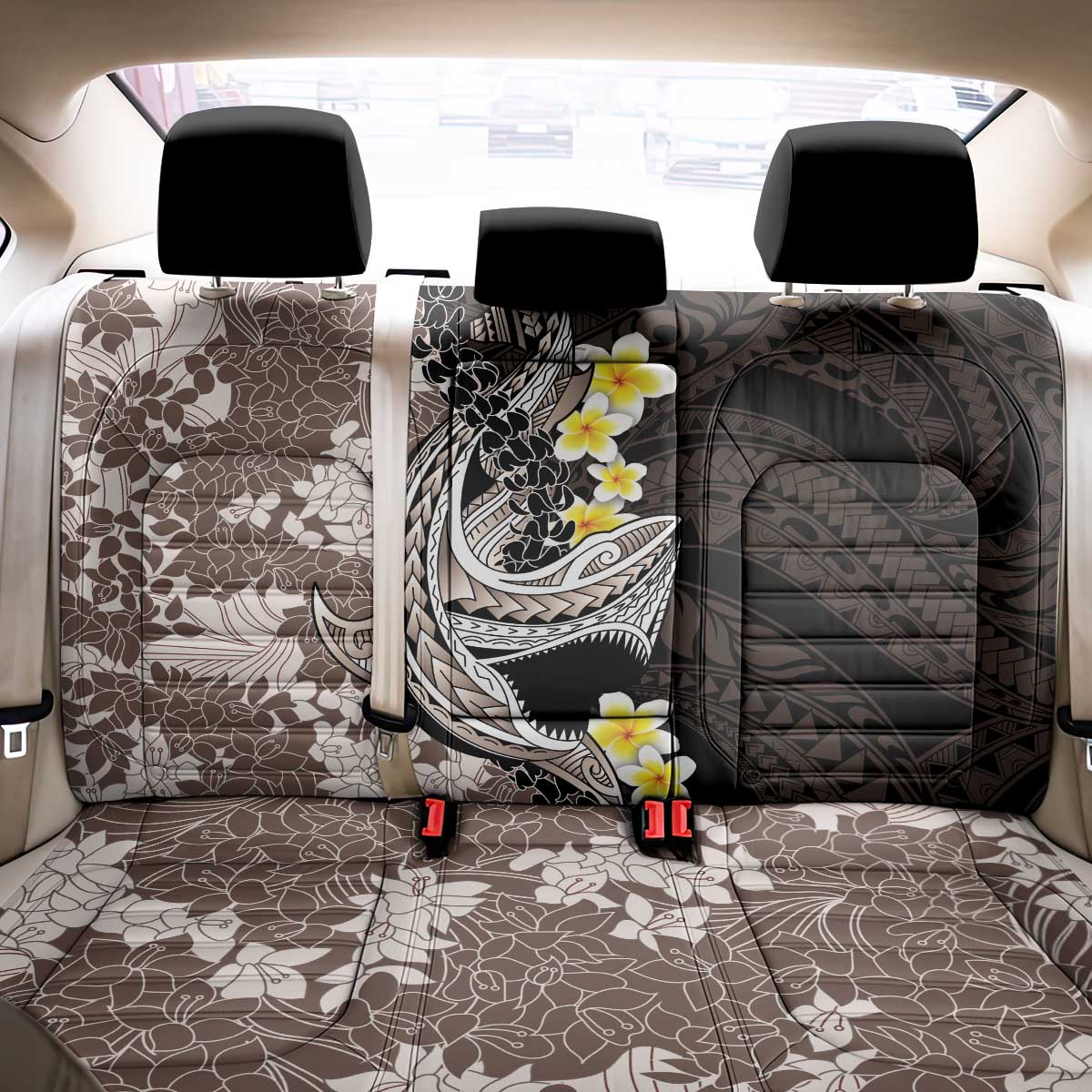 Brown and Black Hawaii Shark Tattoo Back Car Seat Cover Puakenikeni Lei Plumeria Polynesian Pattern - Polynesian Pride