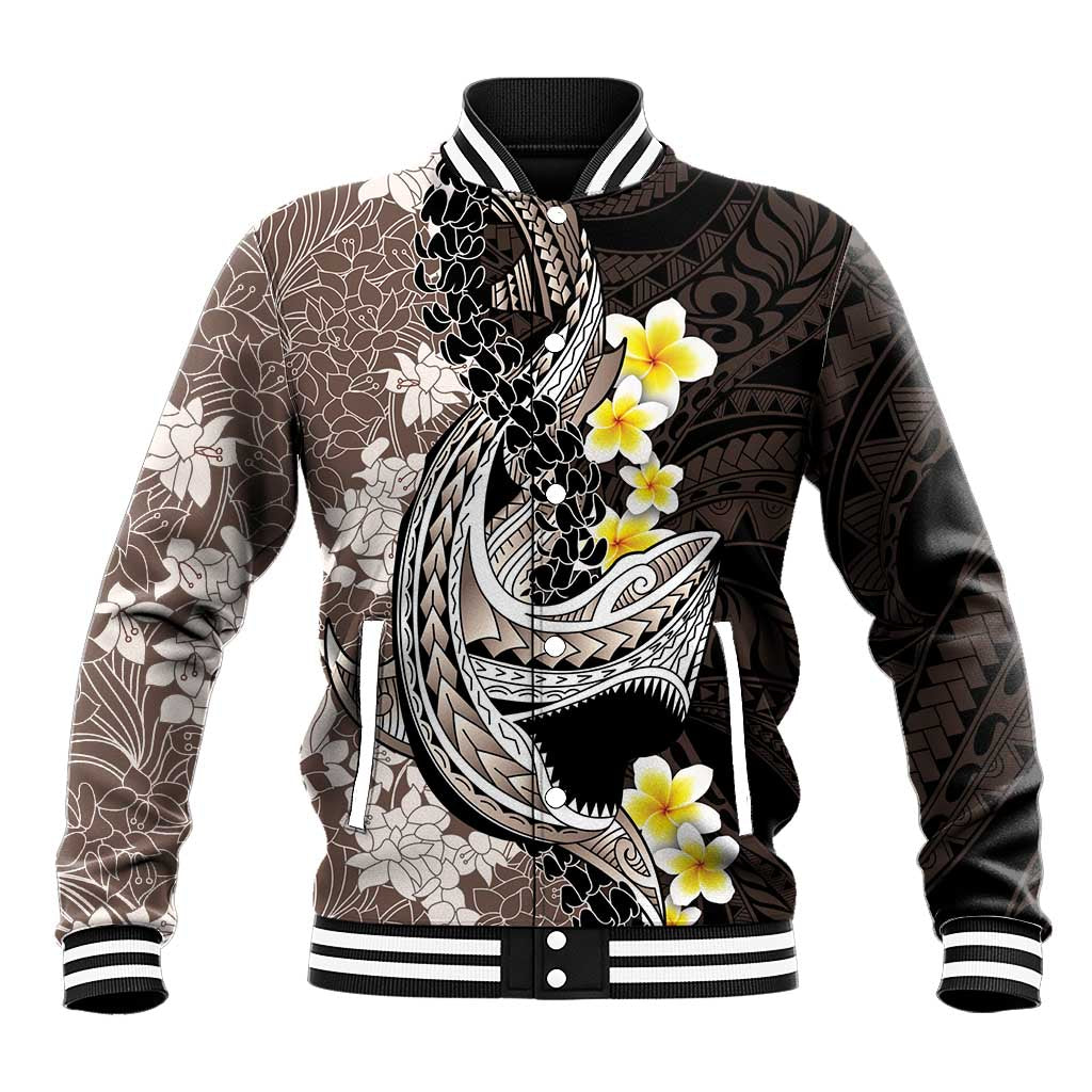Brown and Black Hawaii Shark Tattoo Baseball Jacket Puakenikeni Lei Plumeria Polynesian Pattern - Polynesian Pride