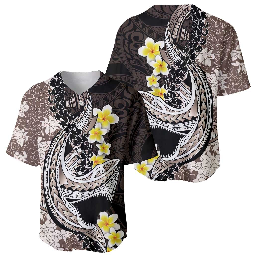 Brown and Black Hawaii Shark Tattoo Baseball Jersey Puakenikeni Lei Plumeria Polynesian Pattern - Polynesian Pride