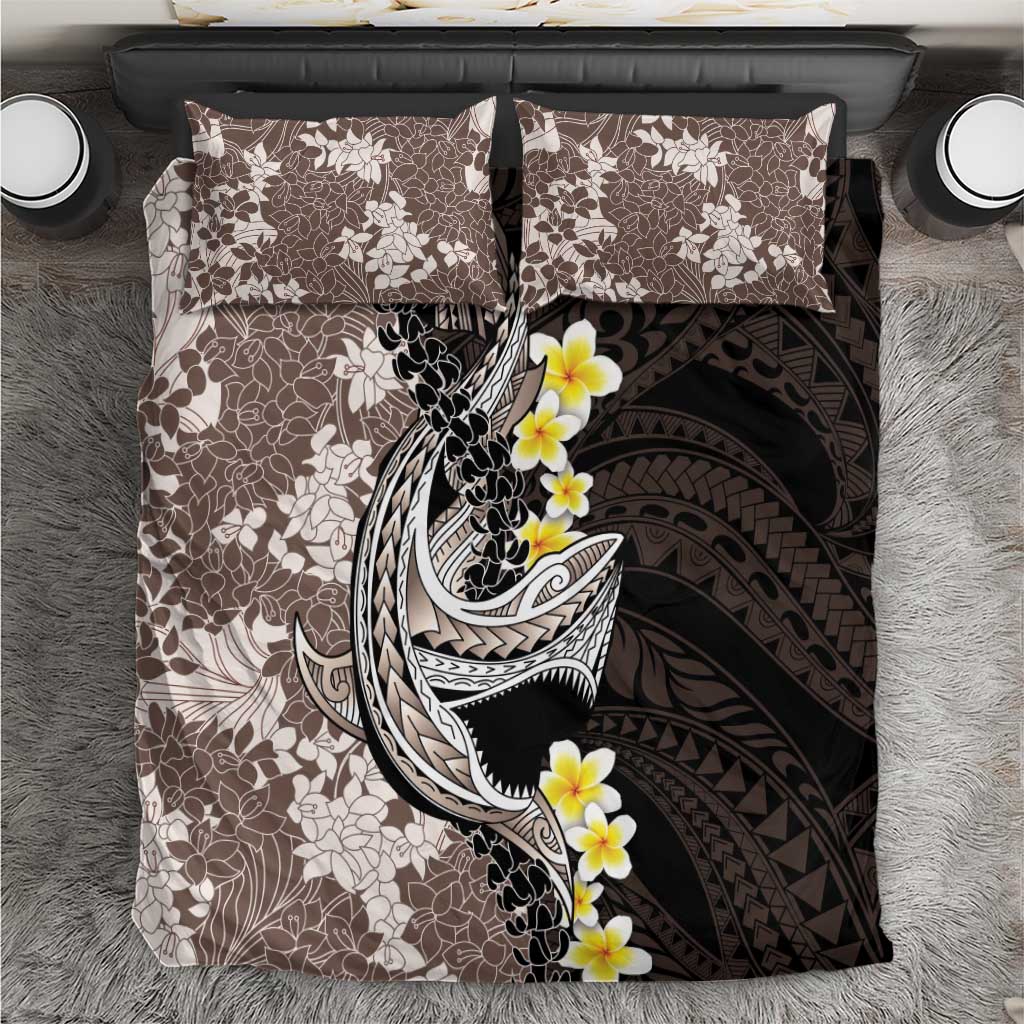 Brown and Black Hawaii Shark Tattoo Bedding Set Puakenikeni Lei Plumeria Polynesian Pattern - Polynesian Pride
