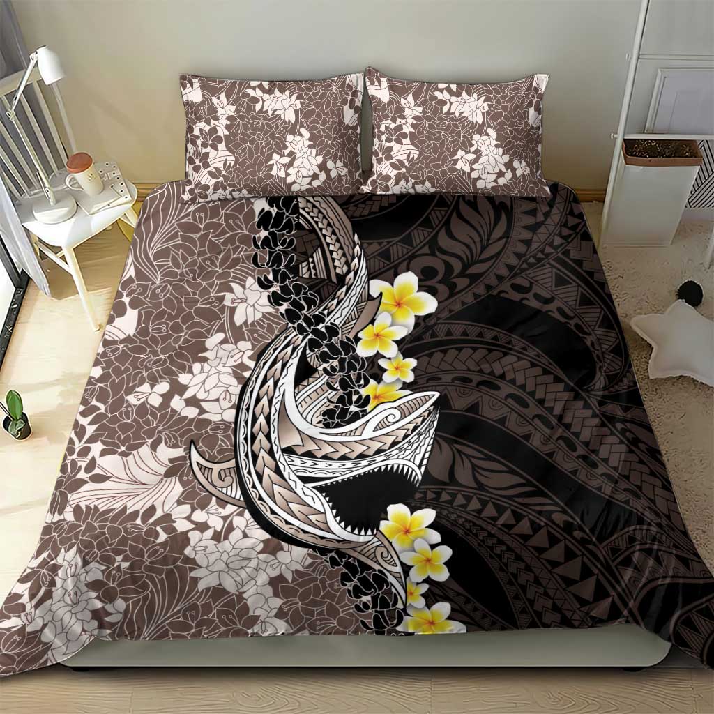 Brown and Black Hawaii Shark Tattoo Bedding Set Puakenikeni Lei Plumeria Polynesian Pattern - Polynesian Pride