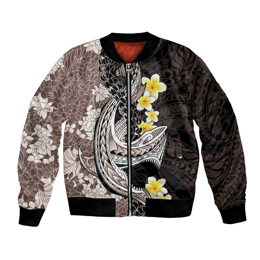Brown and Black Hawaii Shark Tattoo Bomber Jacket Puakenikeni Lei Plumeria Polynesian Pattern - Polynesian Pride