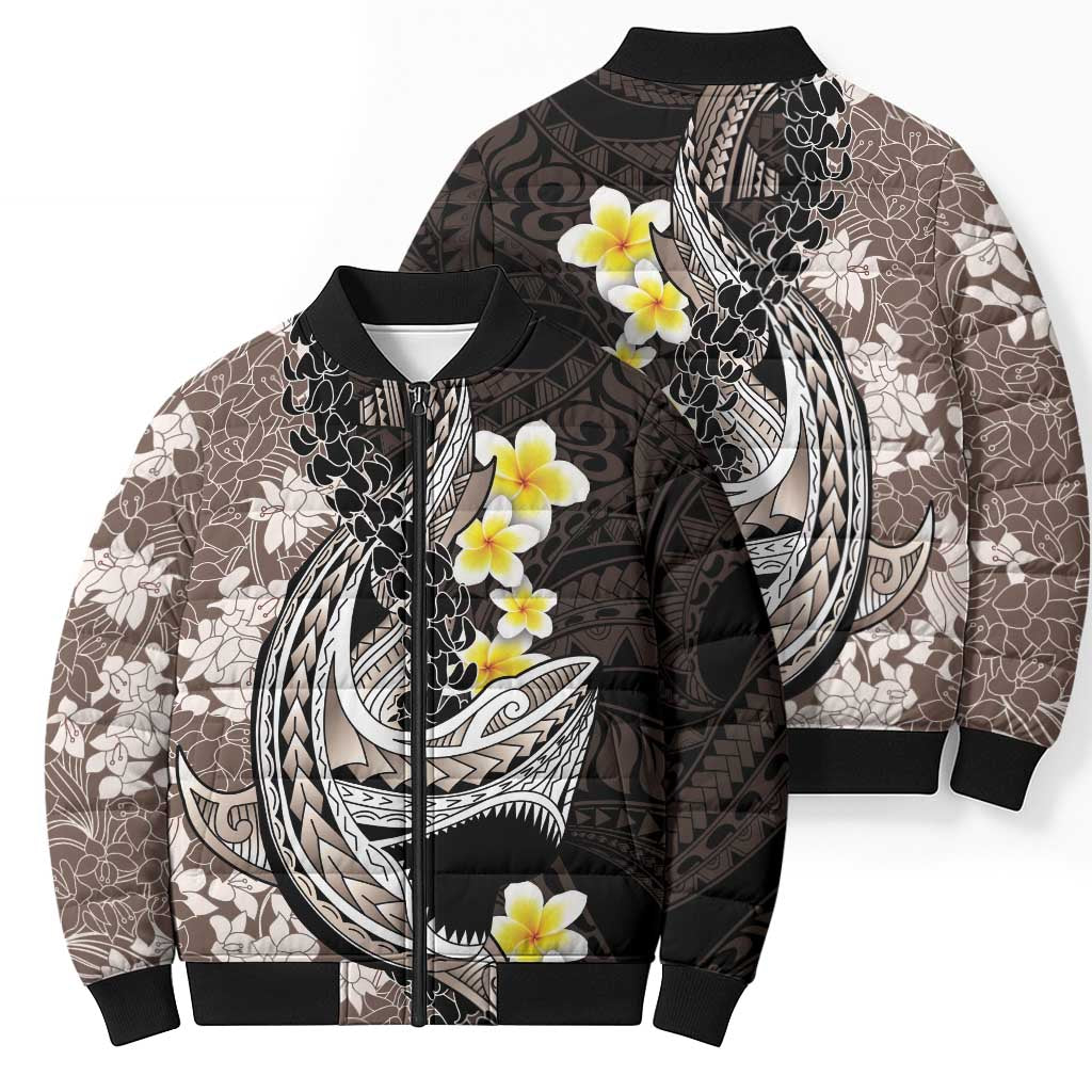 Brown and Black Hawaii Shark Tattoo Bomber Puffer Jacket Puakenikeni Lei Plumeria Polynesian Pattern - Polynesian Pride